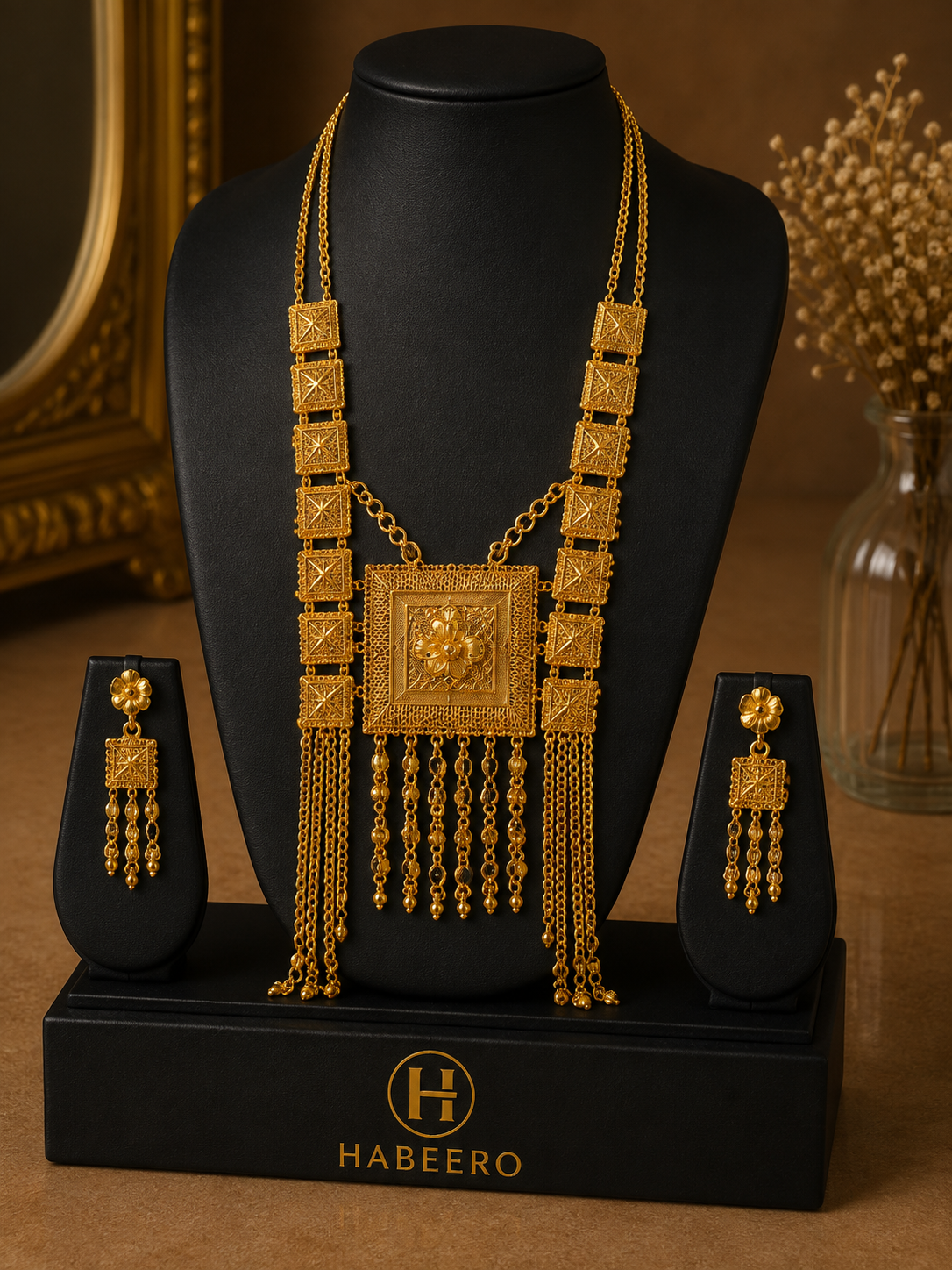 Schmuckset-Halskette-Ohrringe-4 طقم إكسسوارات ذهبي بتصميم هندسي وتعليقة مربعة – قلادة وأقراط - الصورة 1